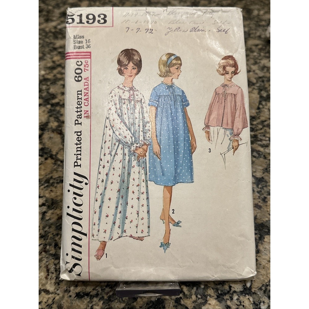 Nightgown‎ Bedjacket Night Shirt 16 Simplicity 5193 Sewing Pattern Cut VTG Sleep